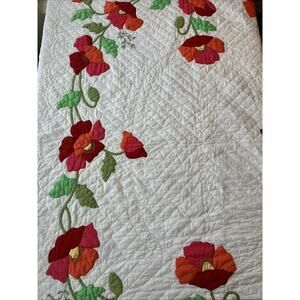 Vintage Handmade Quilt 69"x86" Hand Embroidered Flowers Scalloped Red Trim Edge
